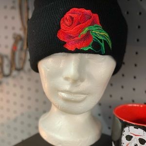 Black Knit Embroidered Rose Toboggans-NWT